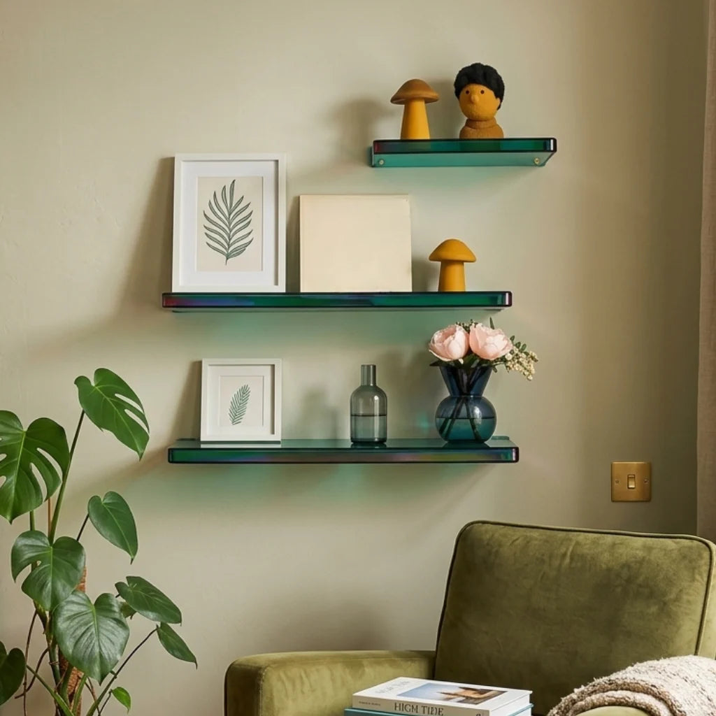 Green acrylic floating shelves mounted on a wall