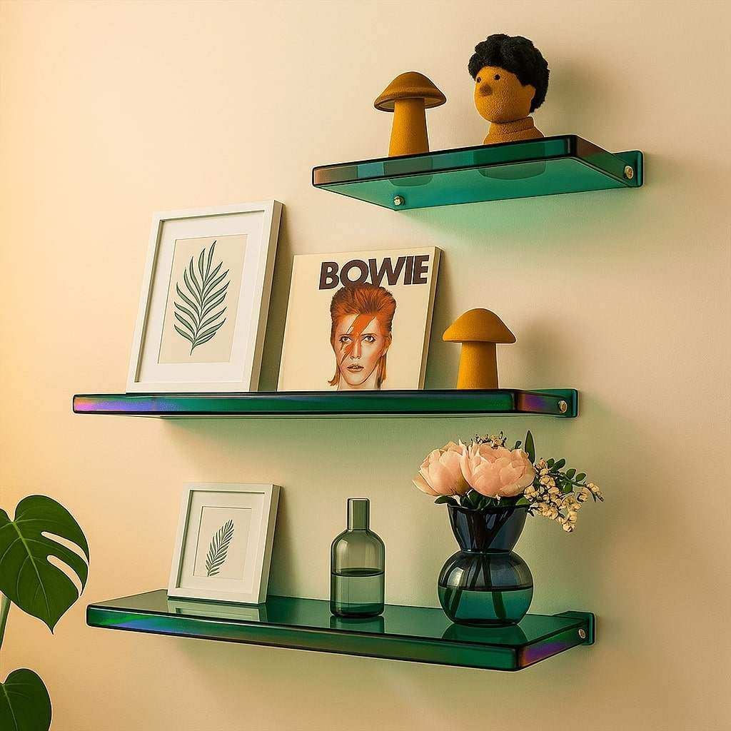 Acrylic floating shelf holding small ornaments