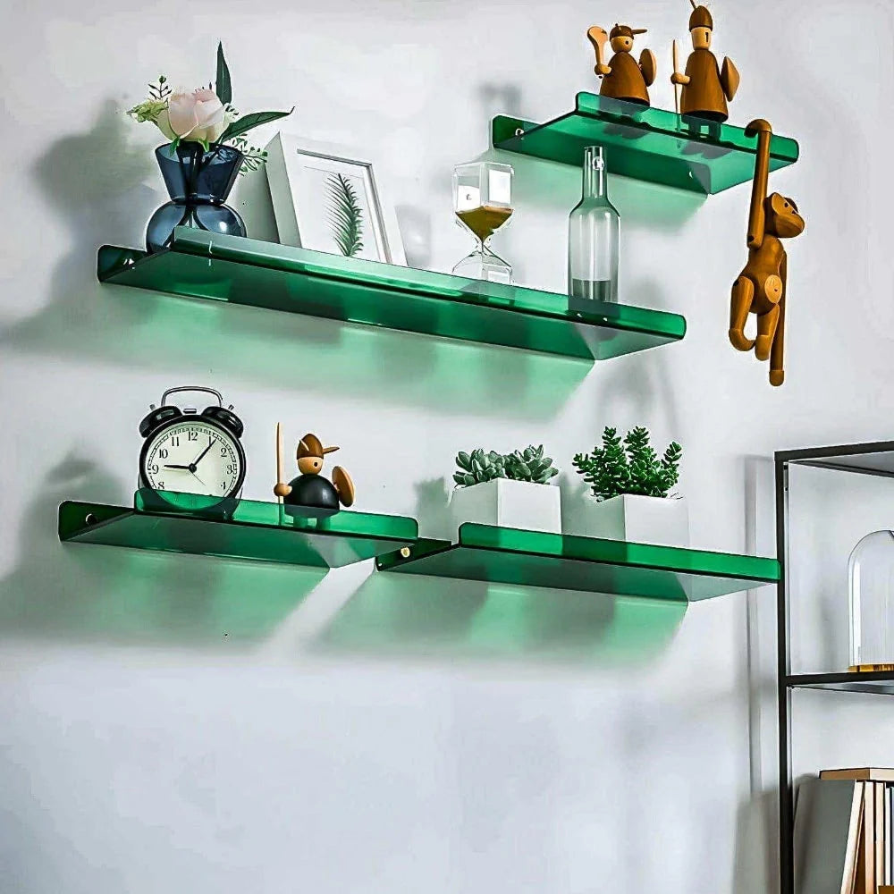 Acrylic floating shelves styled with books and decor
