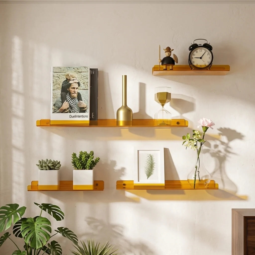 Acrylic floating shelf above a console