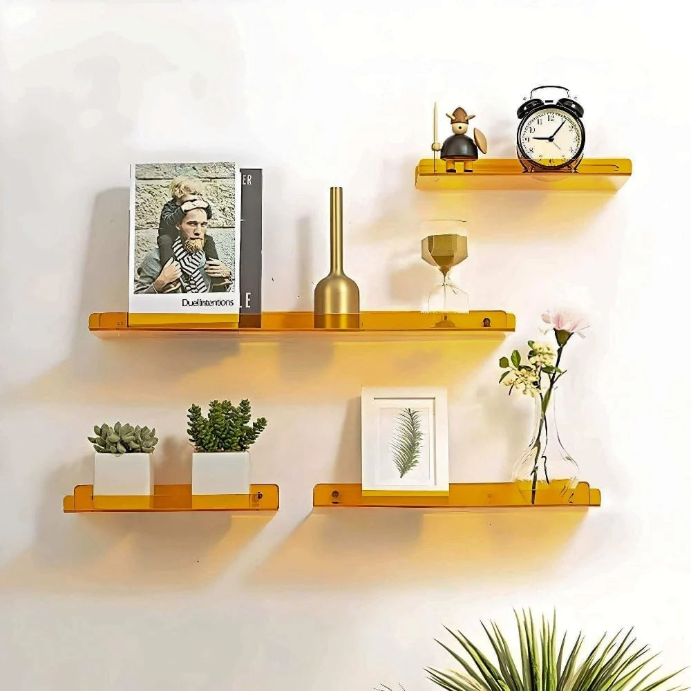 Orange acrylic floating shelf with plants