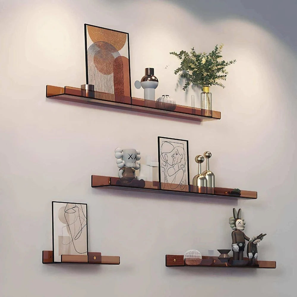 Acrylic floating shelf mounted in a hallway
