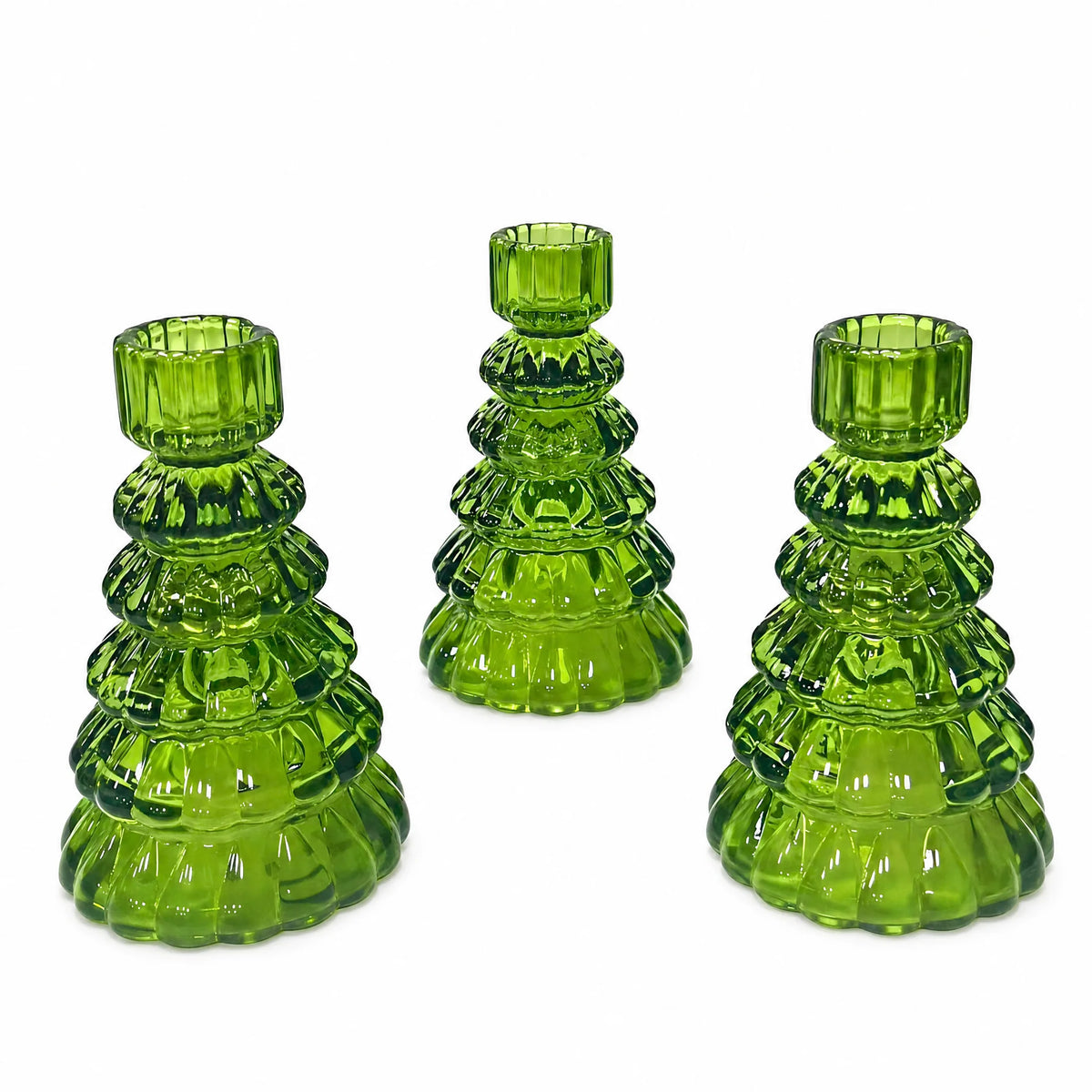 Alora Glass Candle Holders Set | Emerald Green, Fir Tree Design for Taper Candles 5
