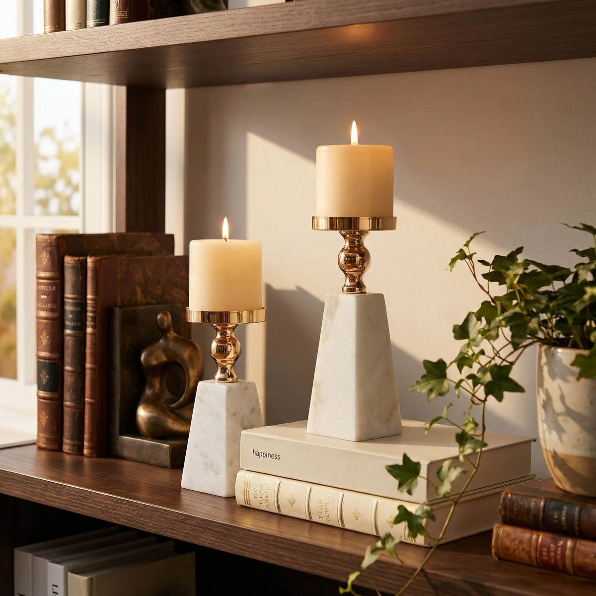 Aurea Candle Holder | Natural White Marble with Gold Accent, Pillar Design 0