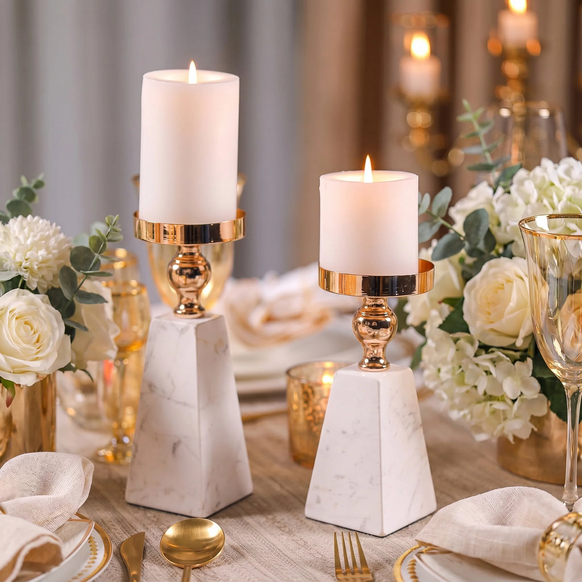 Aurea Candle Holder | Natural White Marble with Gold Accent, Pillar Design 4