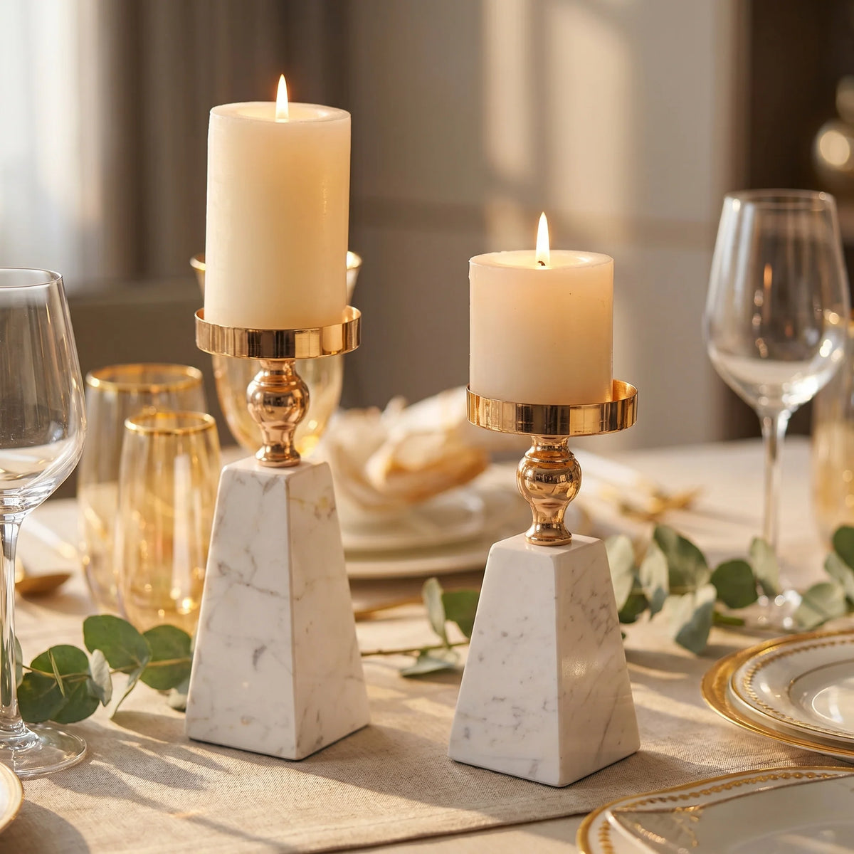 Aurea Candle Holder | Natural White Marble with Gold Accent, Pillar Design 5