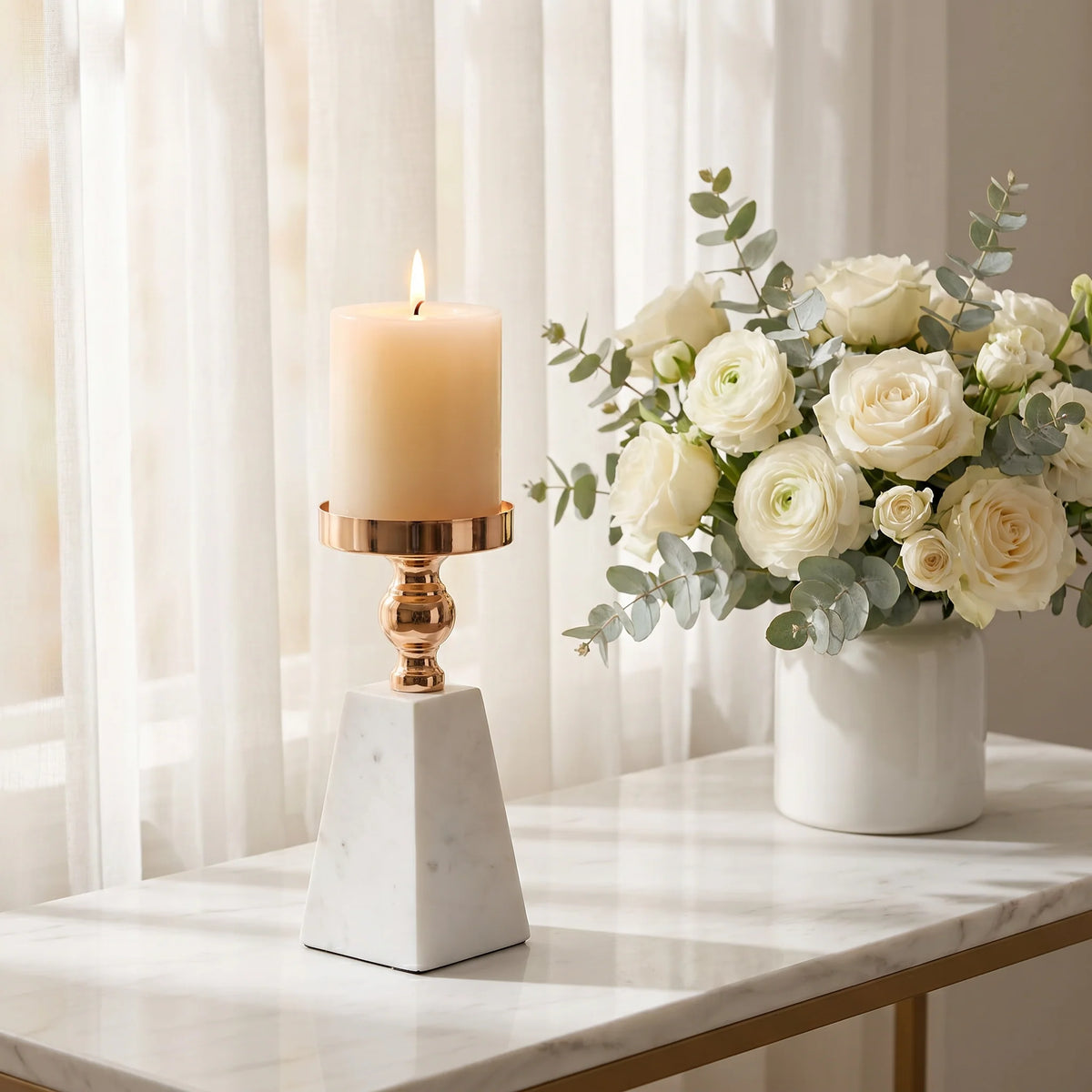 Aurea Candle Holder | Natural White Marble with Gold Accent, Pillar Design 7
