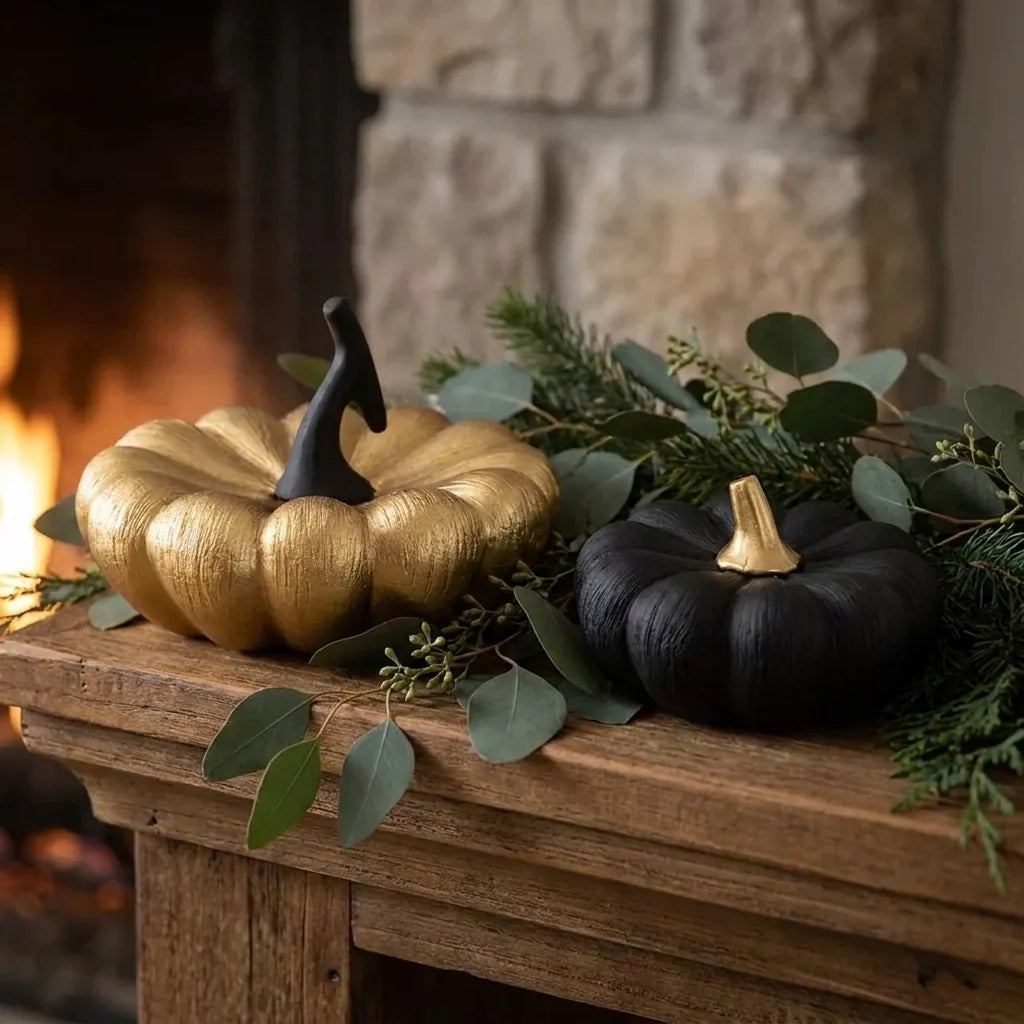 Benson Ceramic Pumpkin | Black and Gold Enamel Finish, Sculptural Decor 4
