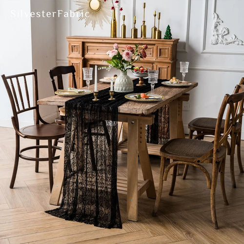 Blythe Black Table Runner | Floral Lace Polyester, 26x71in & 26x118in 1