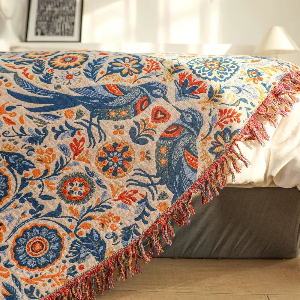 Bramble Throw Blanket | 100% Cotton, Bird Floral Pattern 2