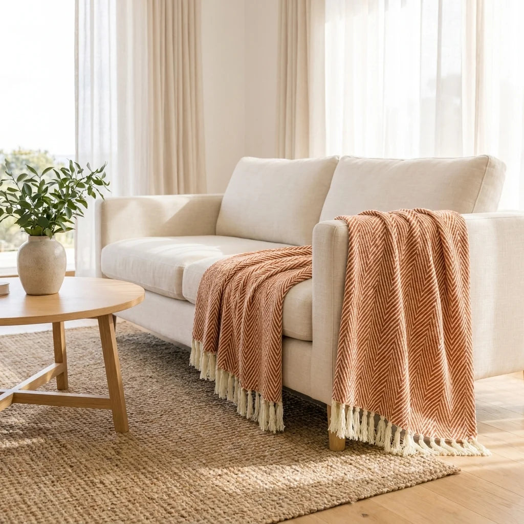 BreezyWoven Throw Blanket | Soft Herringbone Texture, Knotted Fringe 2