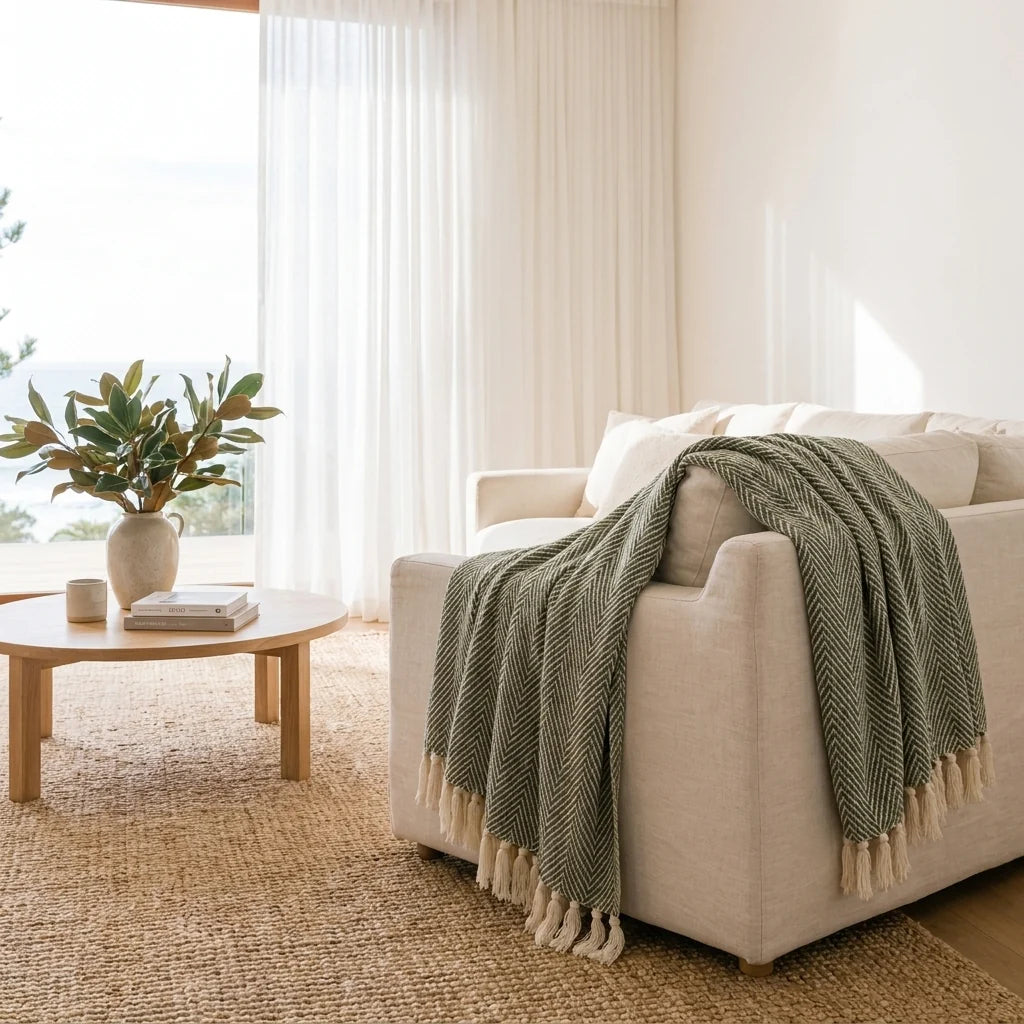 BreezyWoven Throw Blanket | Soft Herringbone Texture, Knotted Fringe 5