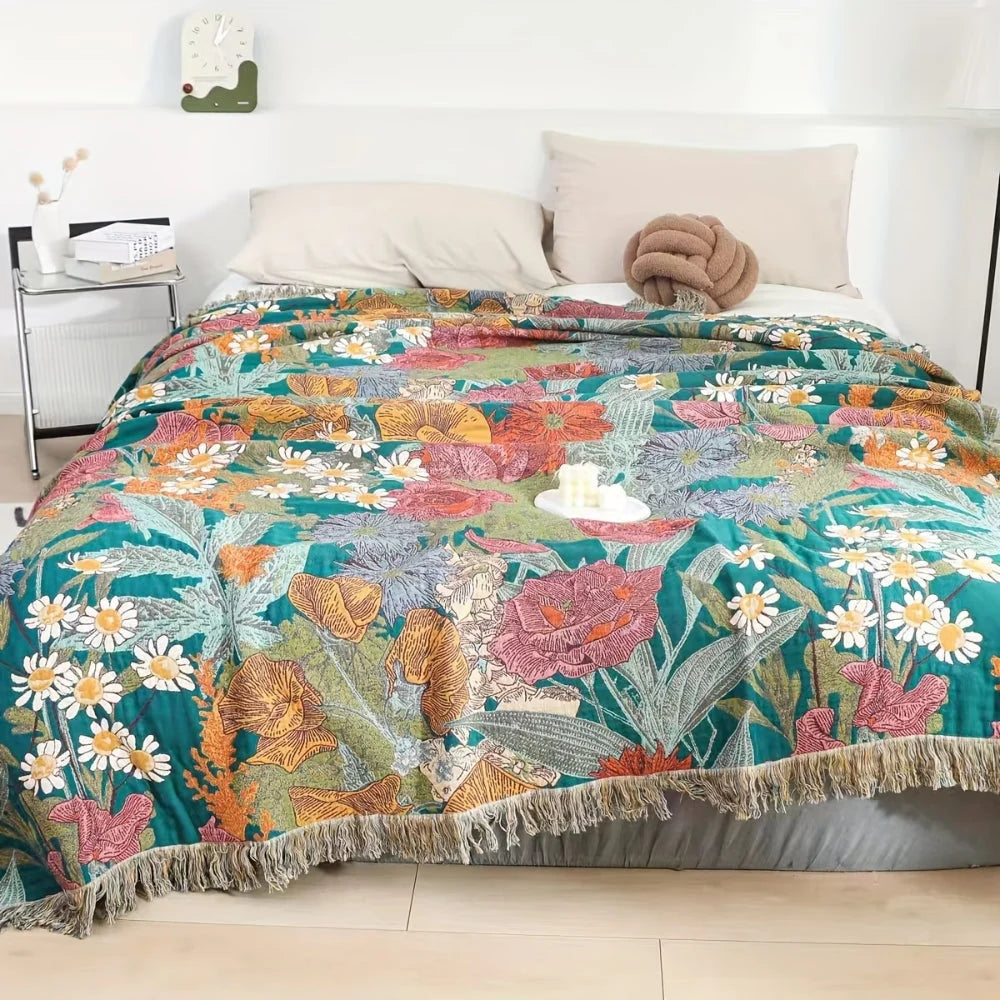 Brielle Cotton Throw Blanket | Bohemian Floral Patchwork with Tassels 0