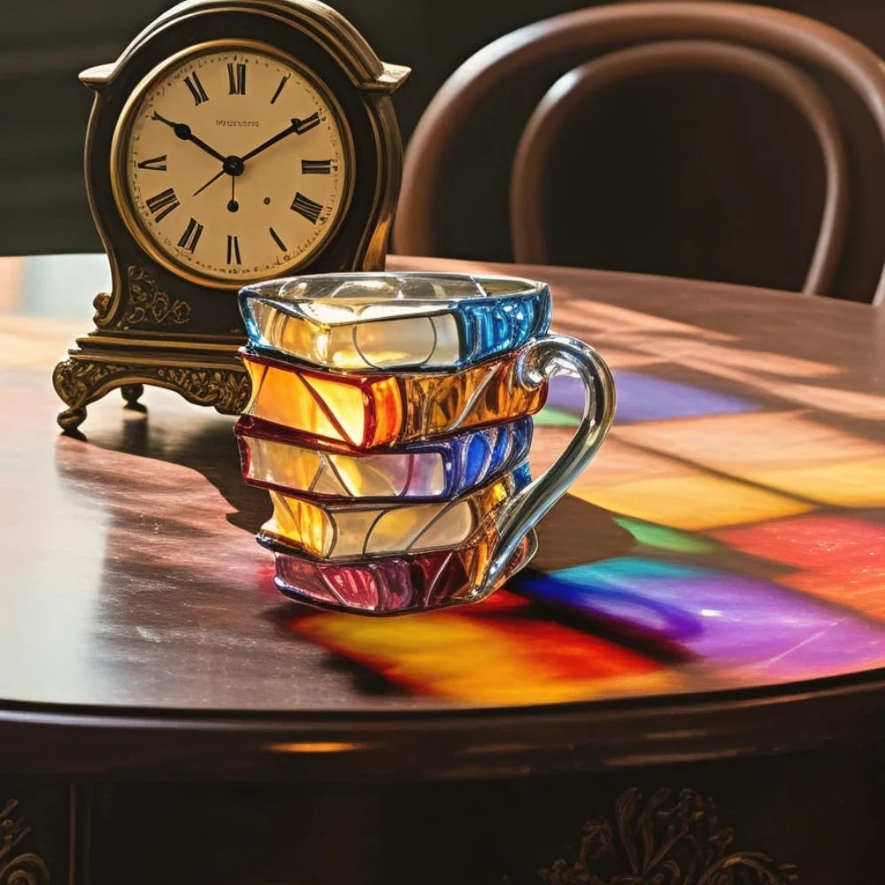 Stacked book glass mug beside a clock