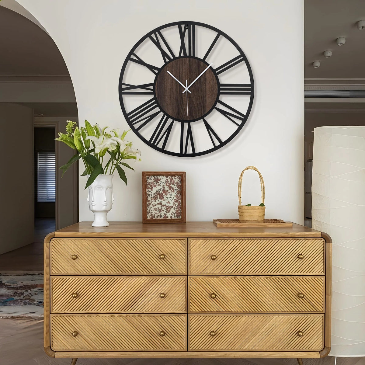 Glenora Large Wall Clock | 3D Roman Numerals, Metal and Wood Design 1