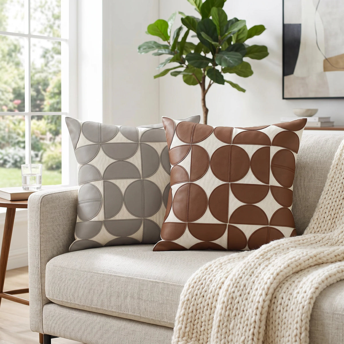 Glimmer Faux Leather Cushion Cover | Geometric Embroidered Design, 18x18 Inches 3