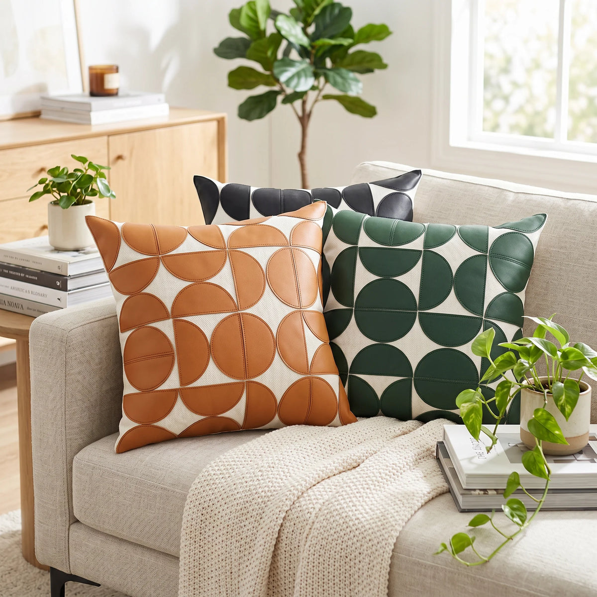 Glimmer Faux Leather Cushion Cover | Geometric Embroidered Design, 18x18 Inches 4