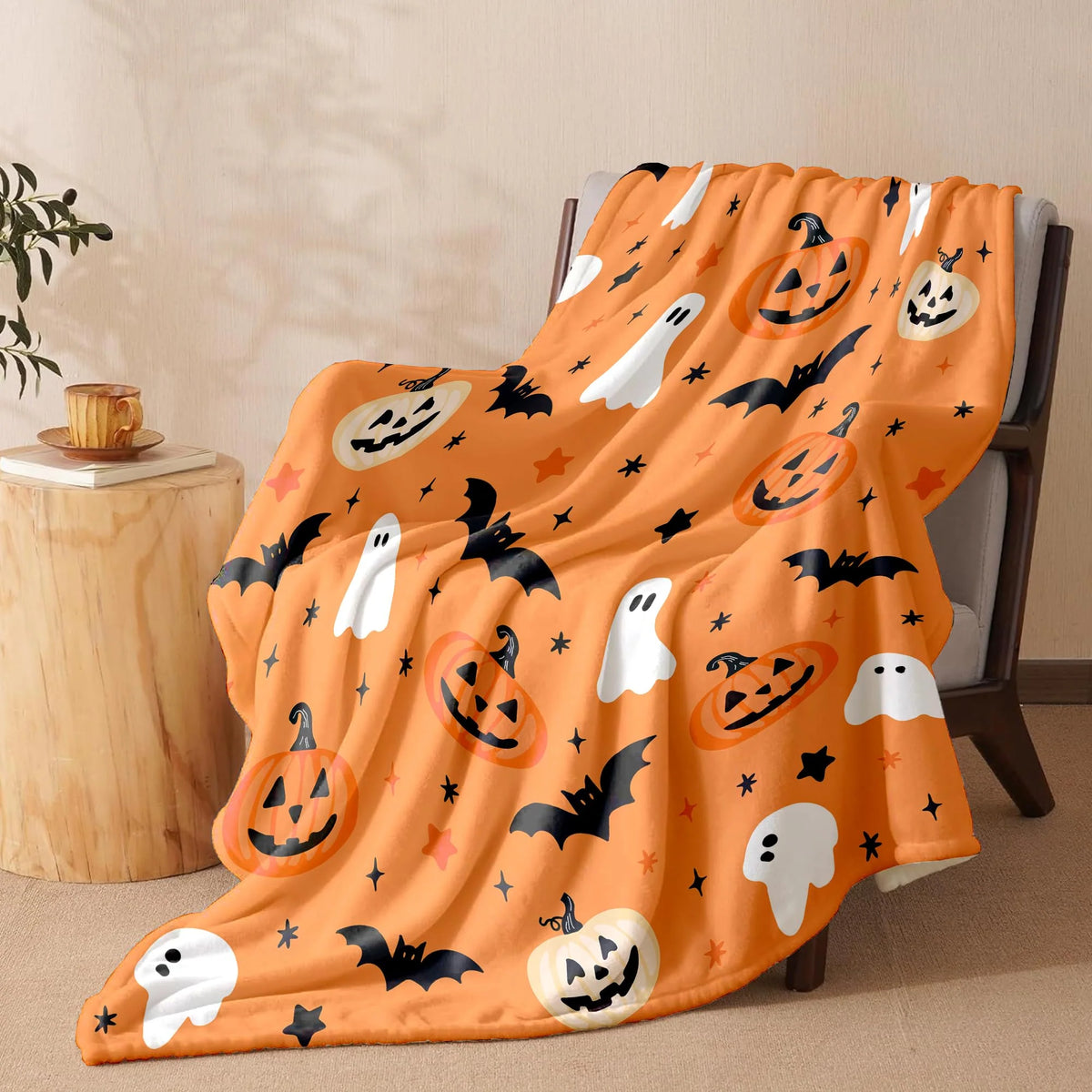 Hallowen Throw Blanket | Ghost, Bat, Pumpkin Design Orange 0