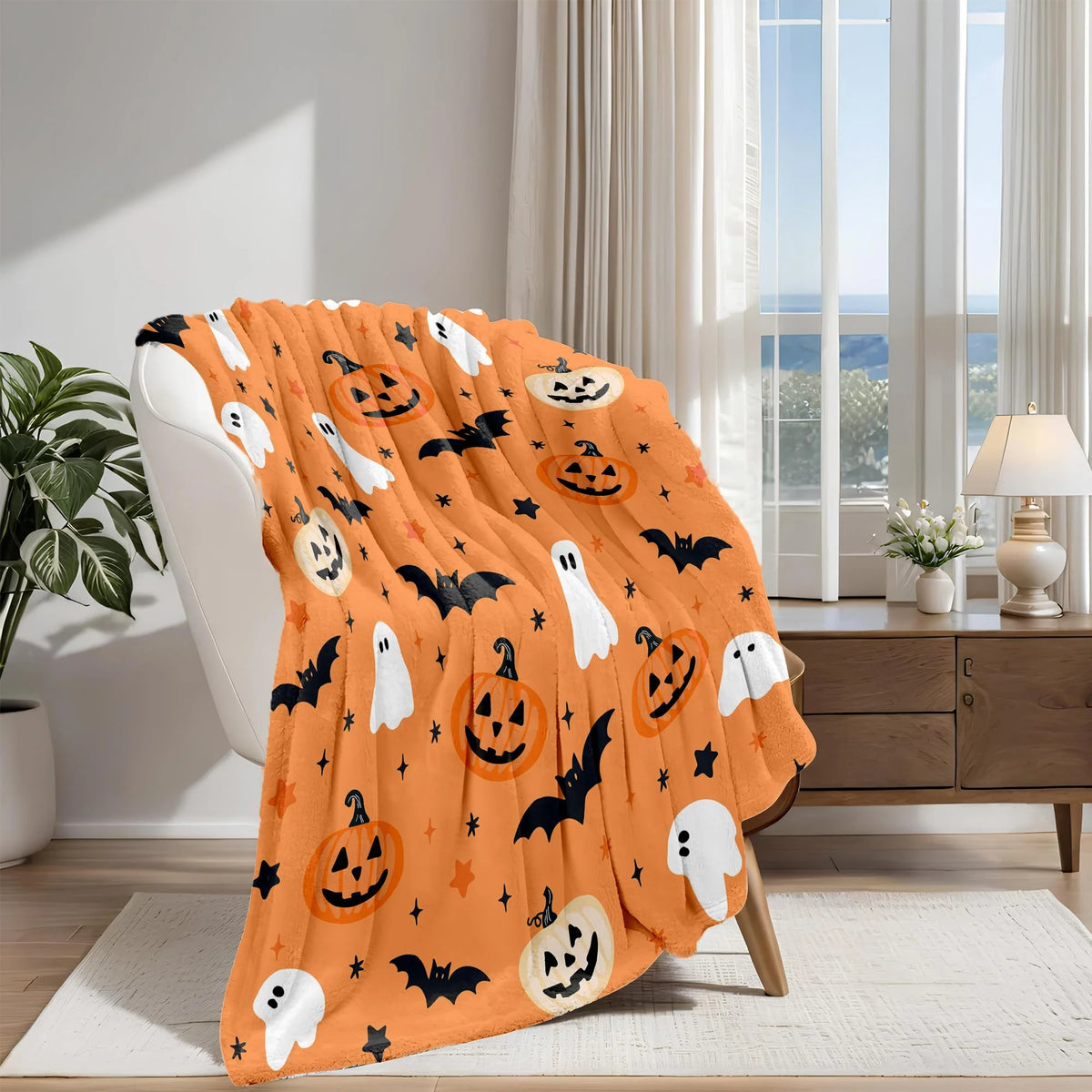Hallowen Throw Blanket | Ghost, Bat, Pumpkin Design Orange 1