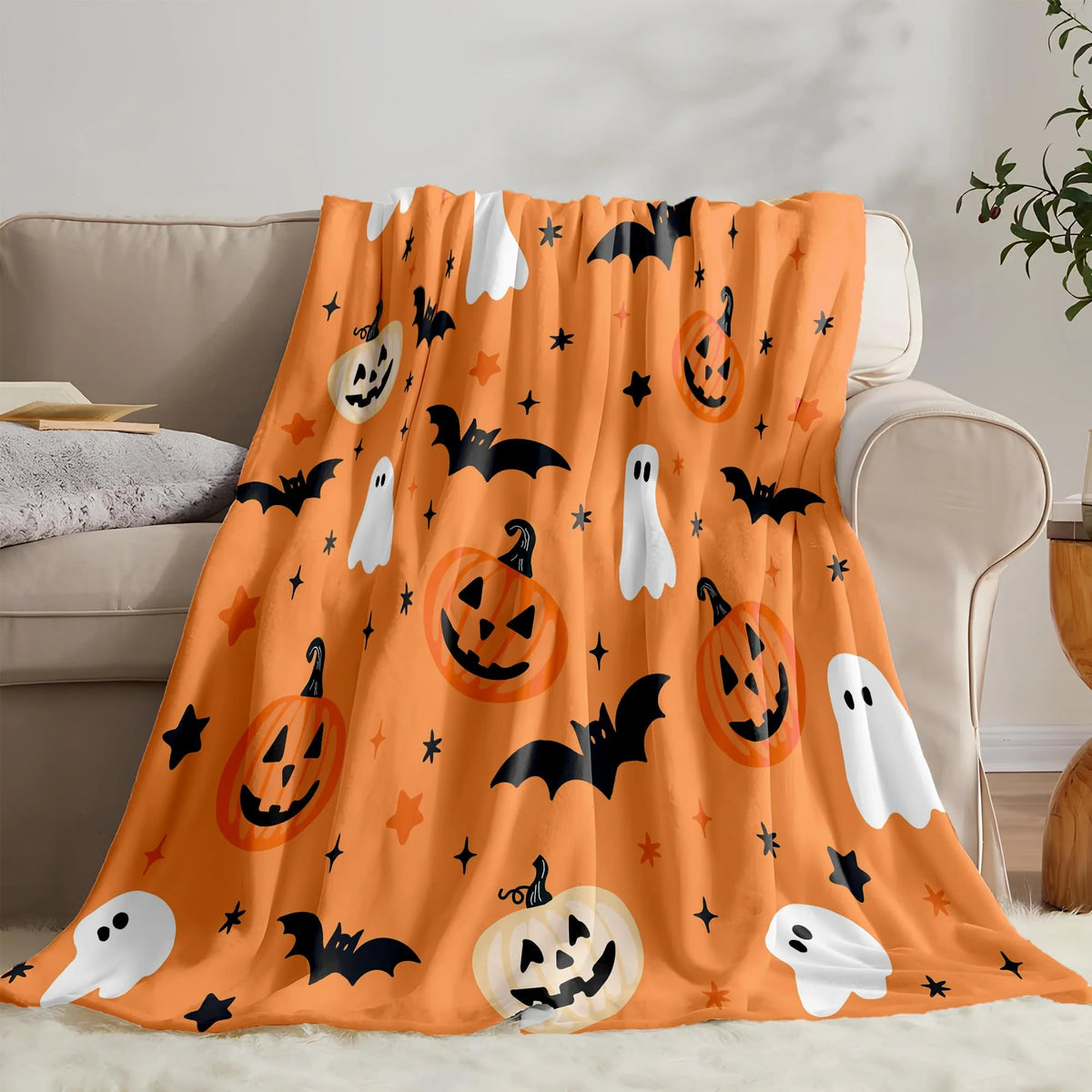 Hallowen Throw Blanket | Ghost, Bat, Pumpkin Design Orange 2