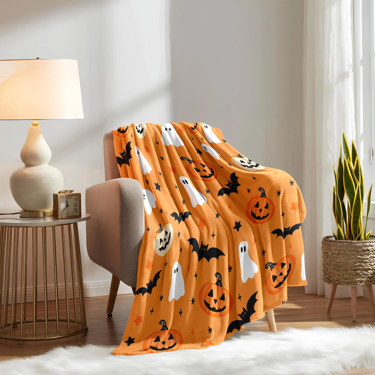 Hallowen Throw Blanket | Ghost, Bat, Pumpkin Design Orange 5