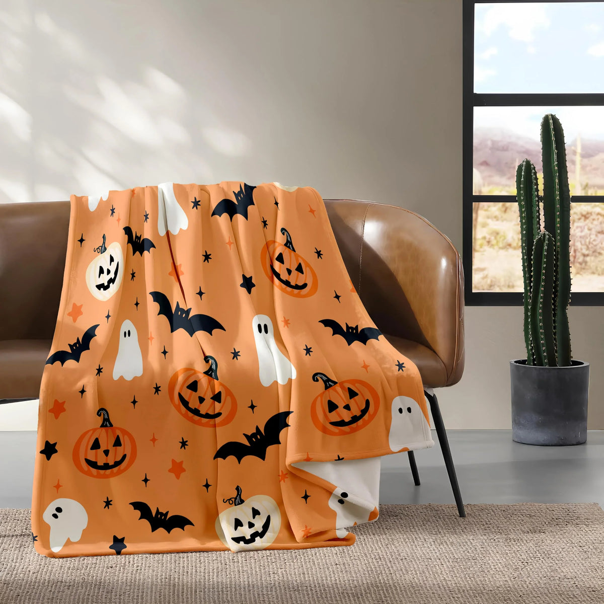 Hallowen Throw Blanket | Ghost, Bat, Pumpkin Design Orange 6