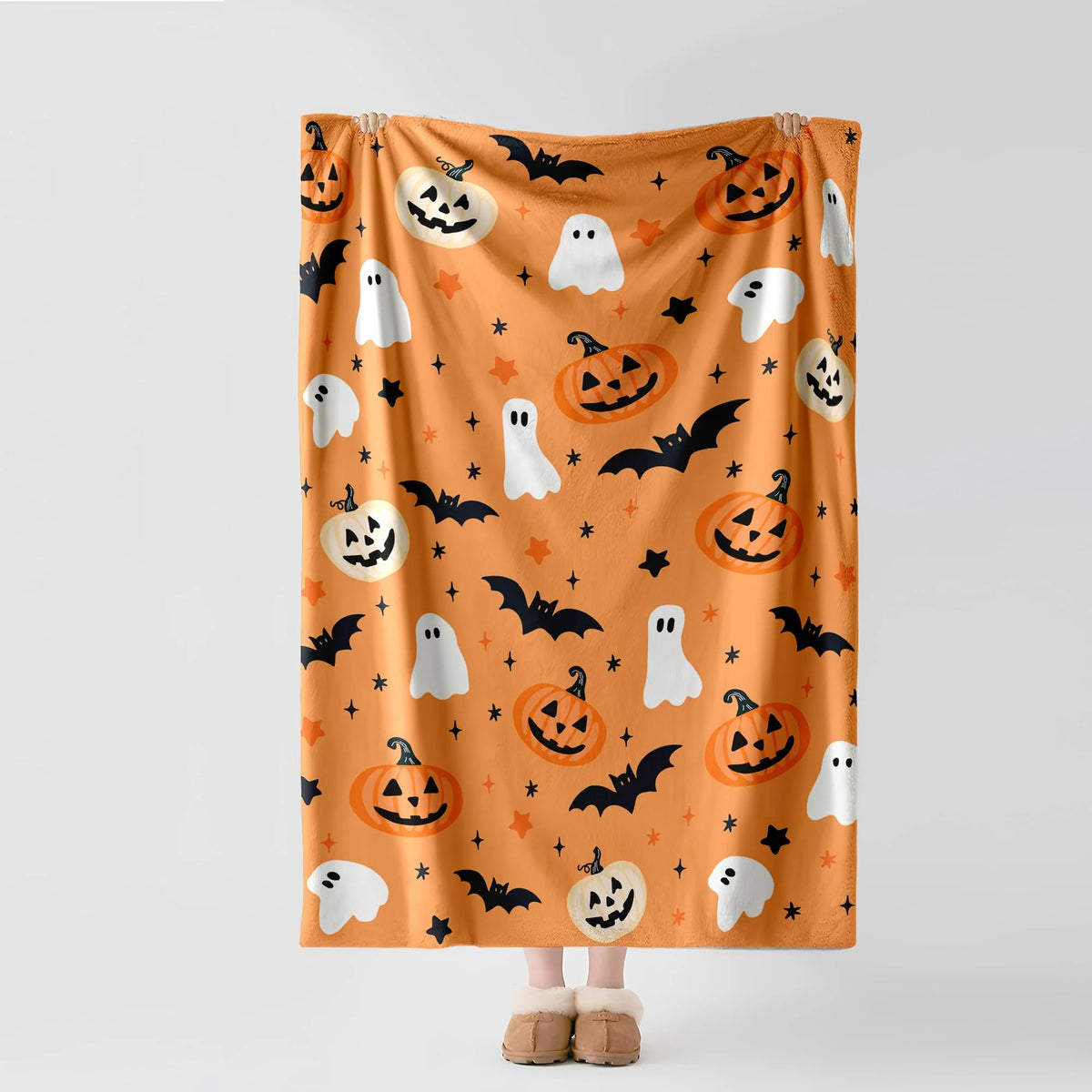Hallowen Throw Blanket | Ghost, Bat, Pumpkin Design Orange 7
