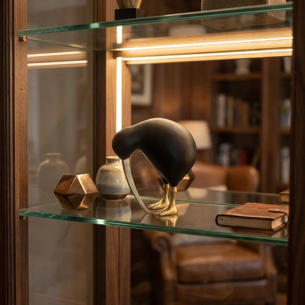 Kairo Kiwi Sculpture | Resin Matte Black with Gold Accents 1
