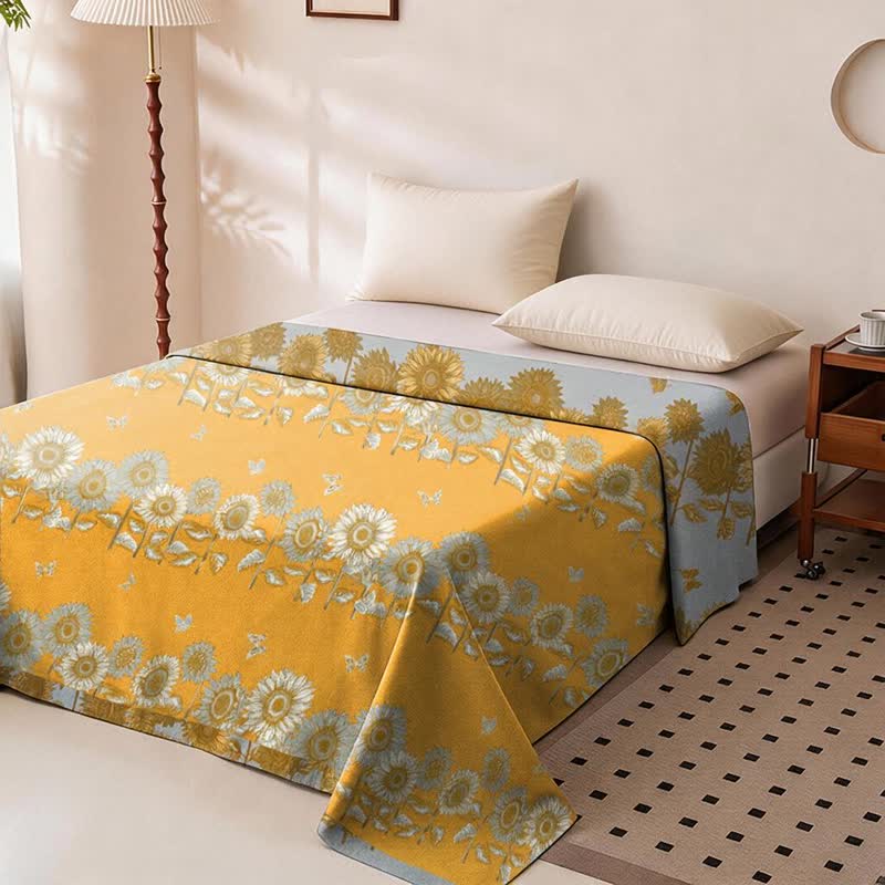 Orlena Bedspread | Reversible Cotton Gauze, Sunflower & Butterfly Print, King Size 1