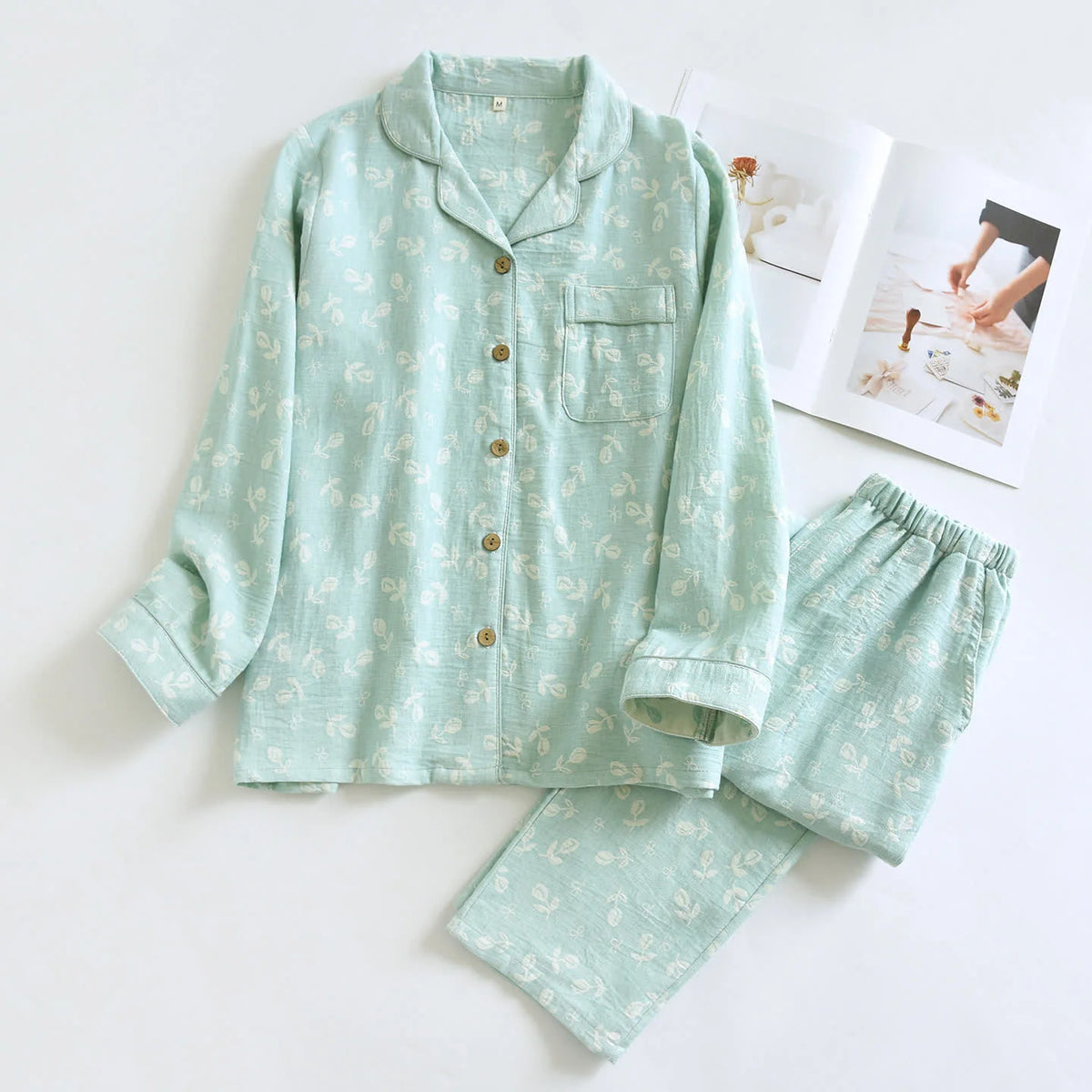 Ovela Pajama Set | 100% Cotton Gauze, Leaf Print, Button-Up 2