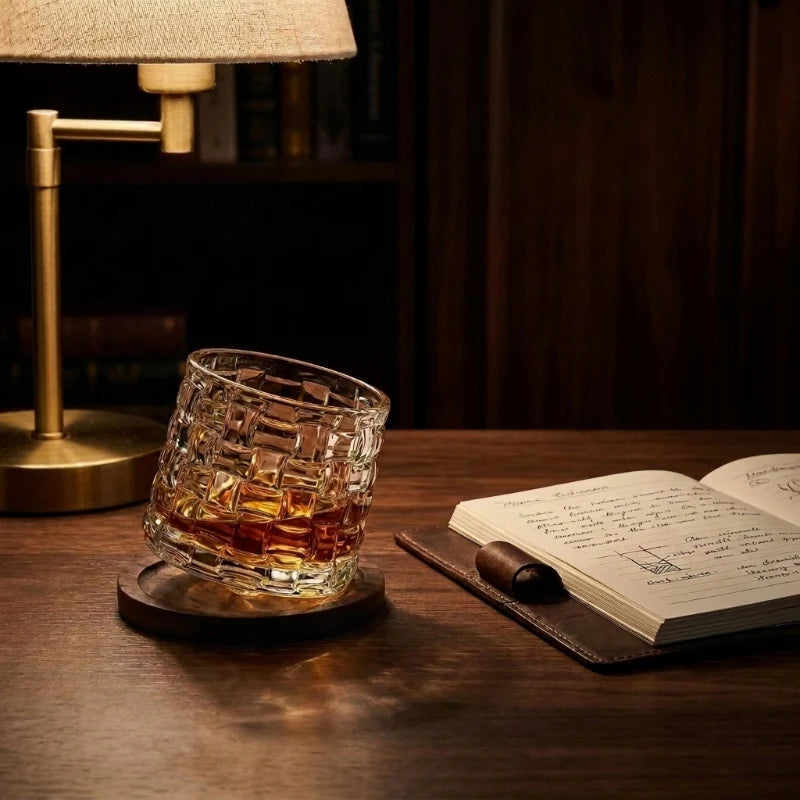 Raven Whiskey Glass | Lead-Free Crystal, Rotating Base with Wood Coaster 5