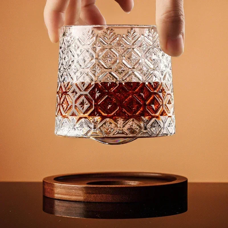 Raven Whiskey Glass | Lead-Free Crystal, Rotating Base with Wood Coaster 7