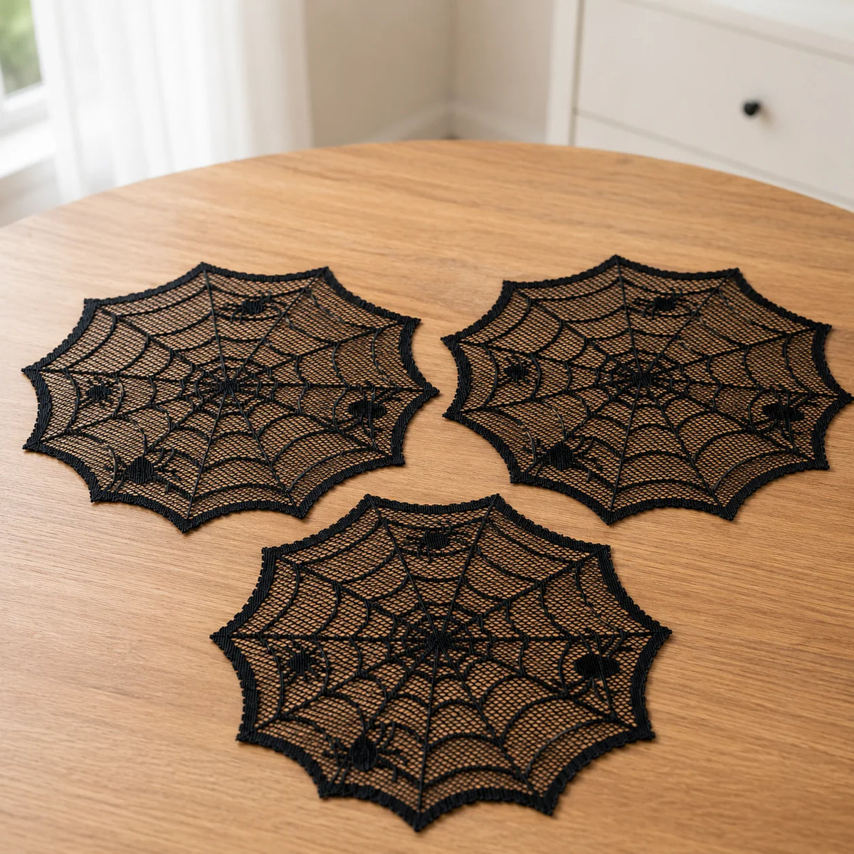 ShadowWeb Placemats | Black Polyester Spiderweb Design, Disposable Set of 2, 4, or 8 1