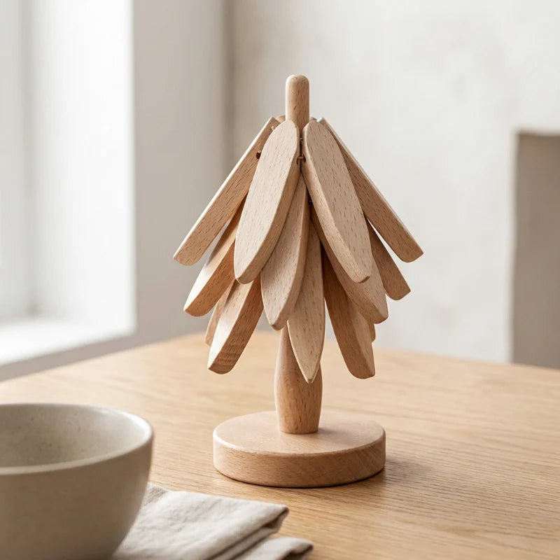 Trego Wood Coaster Set | Natural Wood, Stacking Tree Design 7