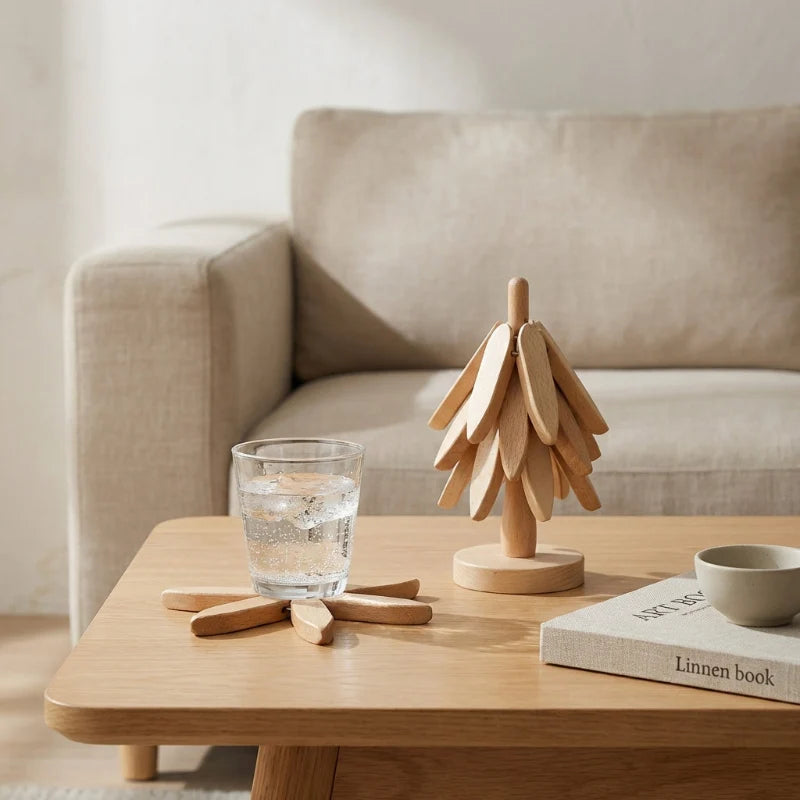 Trego Wood Coaster Set | Natural Wood, Stacking Tree Design 8