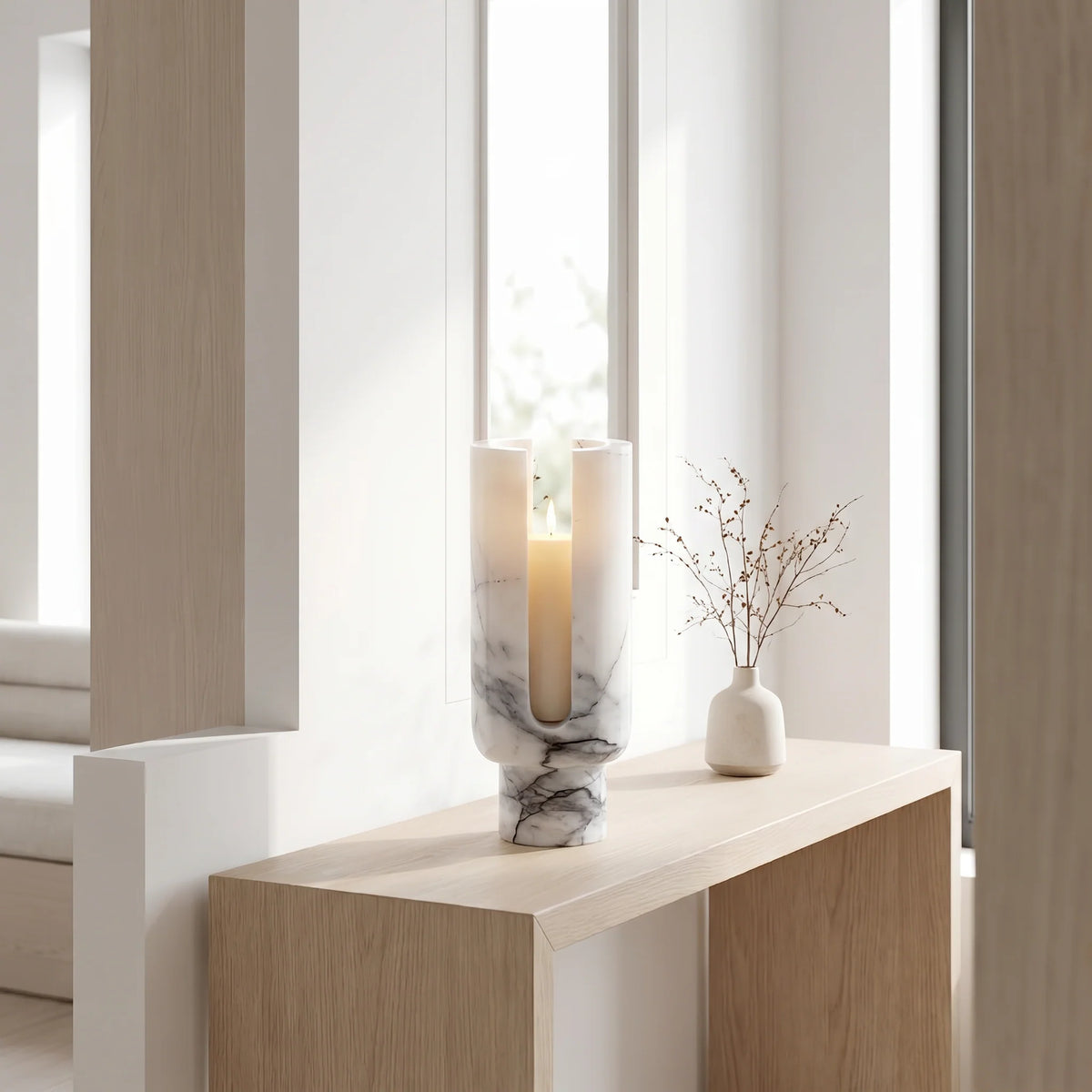 Vesta Candle Holder | Natural Marble Sculptural Design, U-Shaped Cradle 1