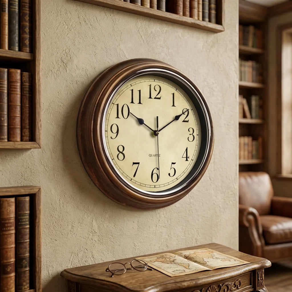 Vintage round wall clock with a cream dial on a wall
