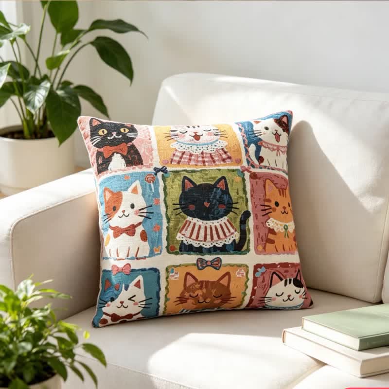 Whimsy Pillow | 100% Cotton, Multi-Kitten Grid Design, 18 x 18 0