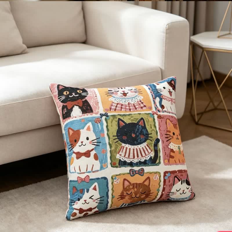 Whimsy Pillow | 100% Cotton, Multi-Kitten Grid Design, 18 x 18 1