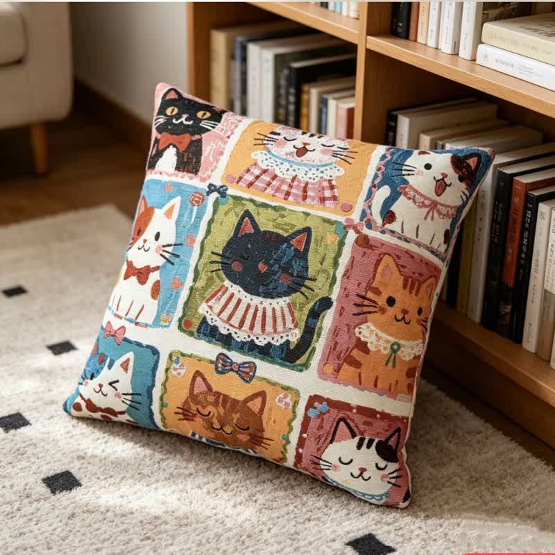 Whimsy Pillow | 100% Cotton, Multi-Kitten Grid Design, 18 x 18 2
