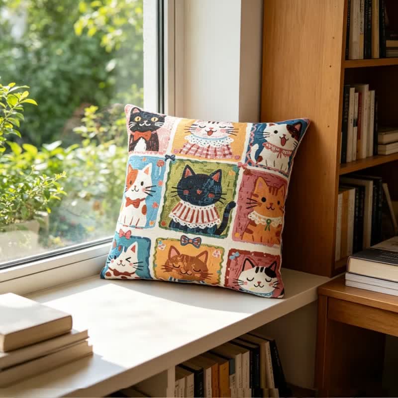 Whimsy Pillow | 100% Cotton, Multi-Kitten Grid Design, 18 x 18 3