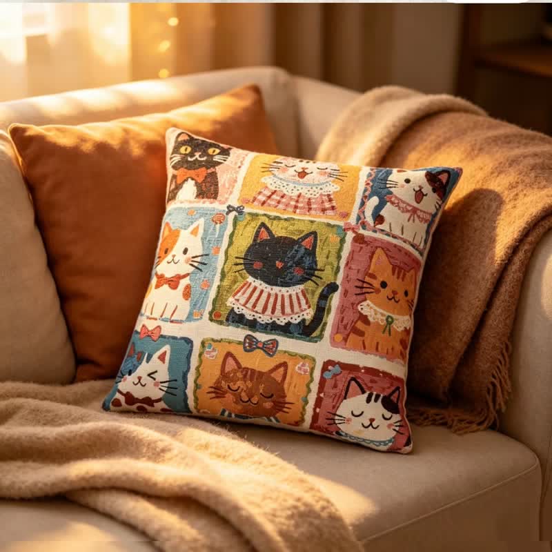 Whimsy Pillow | 100% Cotton, Multi-Kitten Grid Design, 18 x 18 4