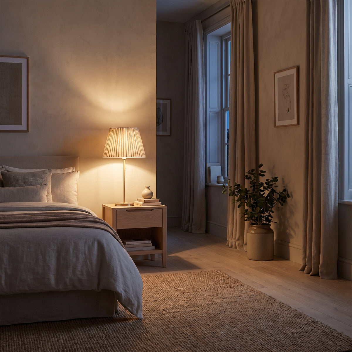 Bedroom at dusk with the Alma pleated table lamp lit on the nightstand, Style Room