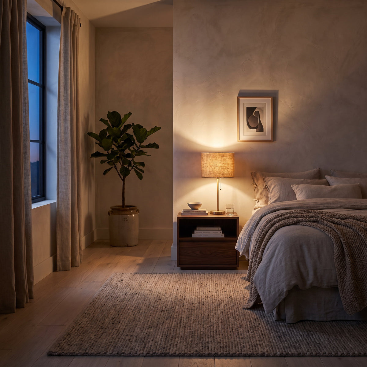 Bedroom at dusk with the Alva jute table lamp lit on the nightstand, Style Room