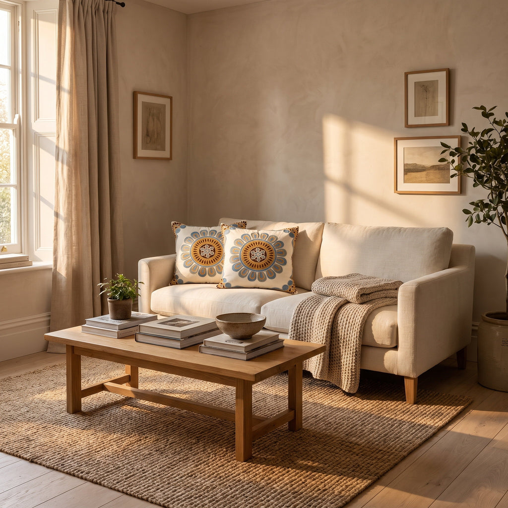 Aurelia embroidered cushions in a warm styled living room, Style Room