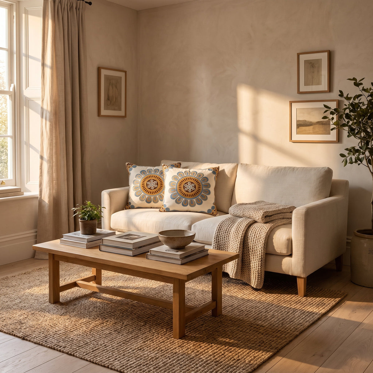 Aurelia embroidered cushions in a warm styled living room, Style Room