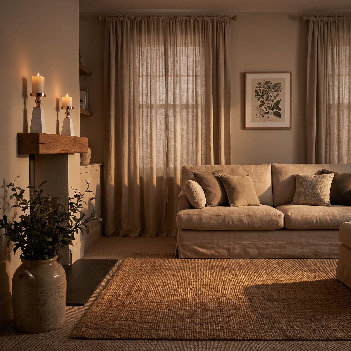 Aurum candle holders lit on a mantelpiece in a fully furnished sitting room, Style Room