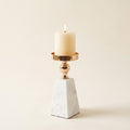 Aurum marble candle holder in the 19.5cm height with a lit pillar candle, Style Room