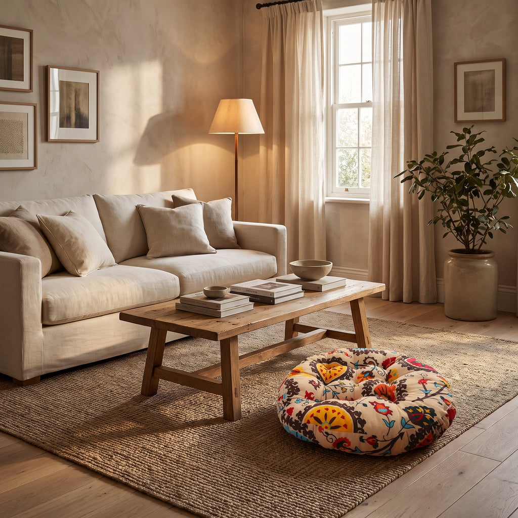 Sitting room with the Bela round floral floor cushion on a woven rug, Style Room