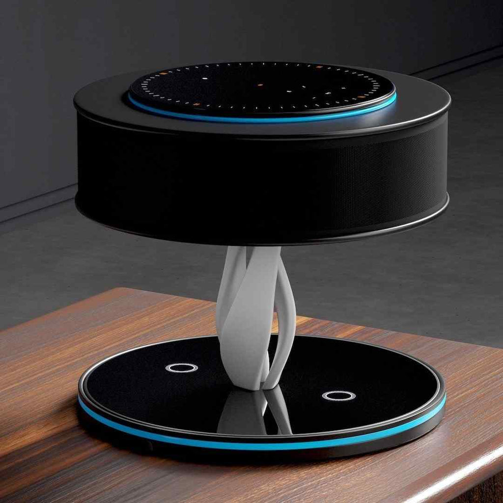 Bexon table lamp seen from above on a wooden table, showing the perforated top of the drum